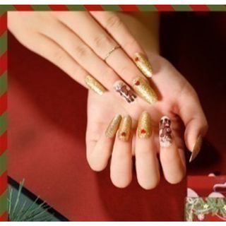 ネイル チップ 韓国 鹿 金 茶 オーバル ロング 派手 キラキラ クリスマス