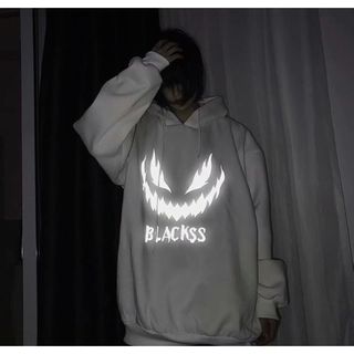 ホワイト　ユニセックス　フード　スウェット　パーカー　トップス　XL　蛍光